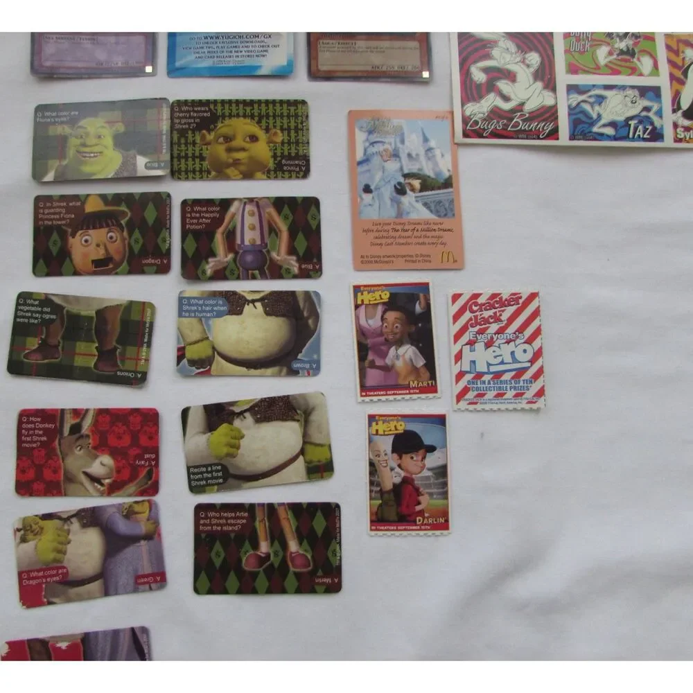Vintage Yu-Gi-Oh cards, Shrek cards, Crackerjack cards, Bugs Bunny, Taz stickers